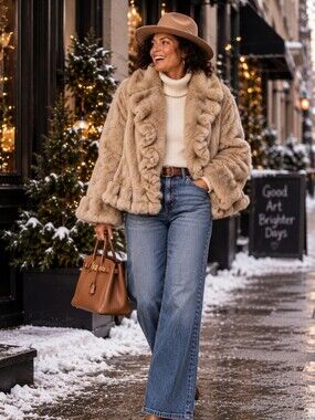 Ashley Stewart Cream Faux Fur Jacket with Ruffle Trim